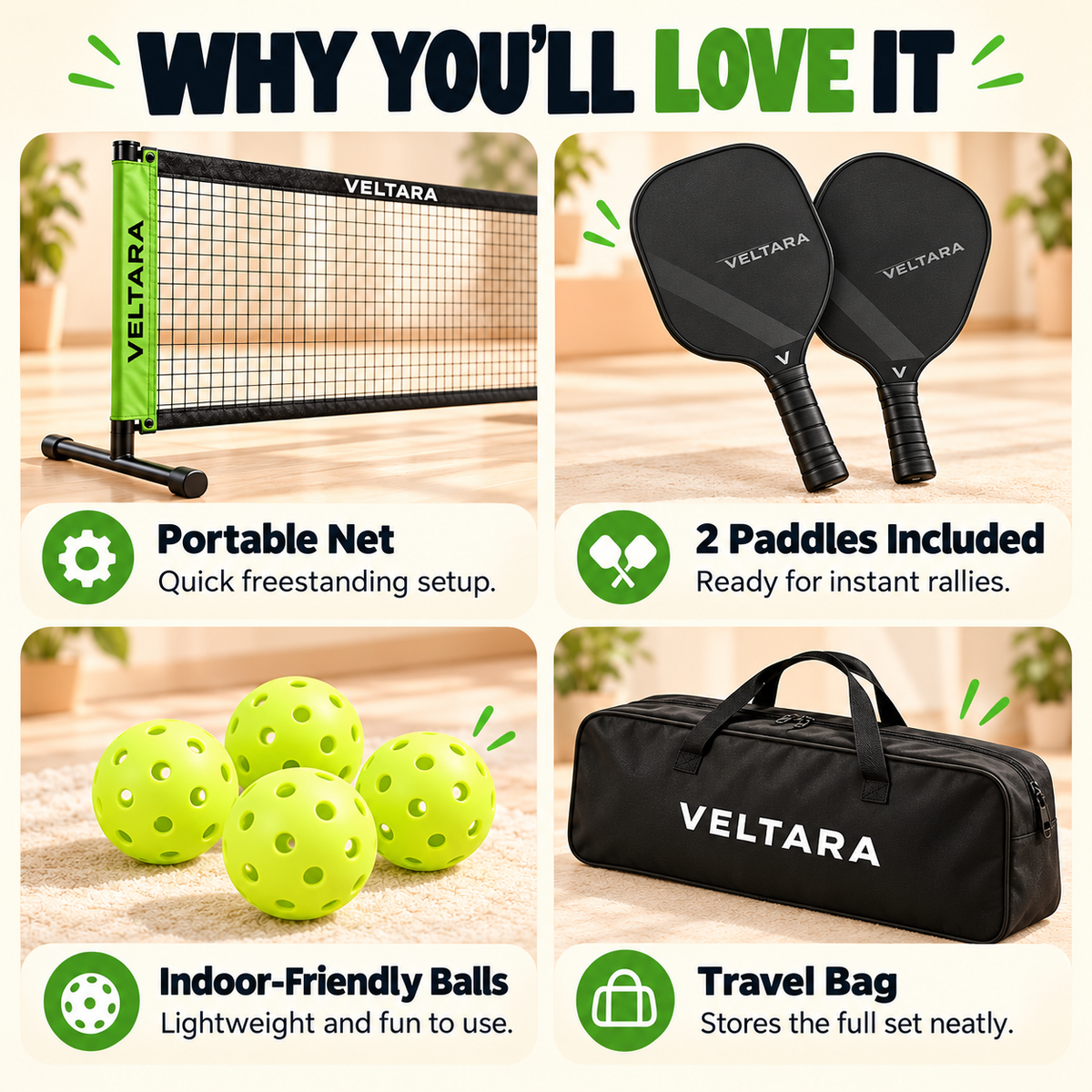 Veltara indoor mini pickleball set gallery image 3, illustrative demo graphic