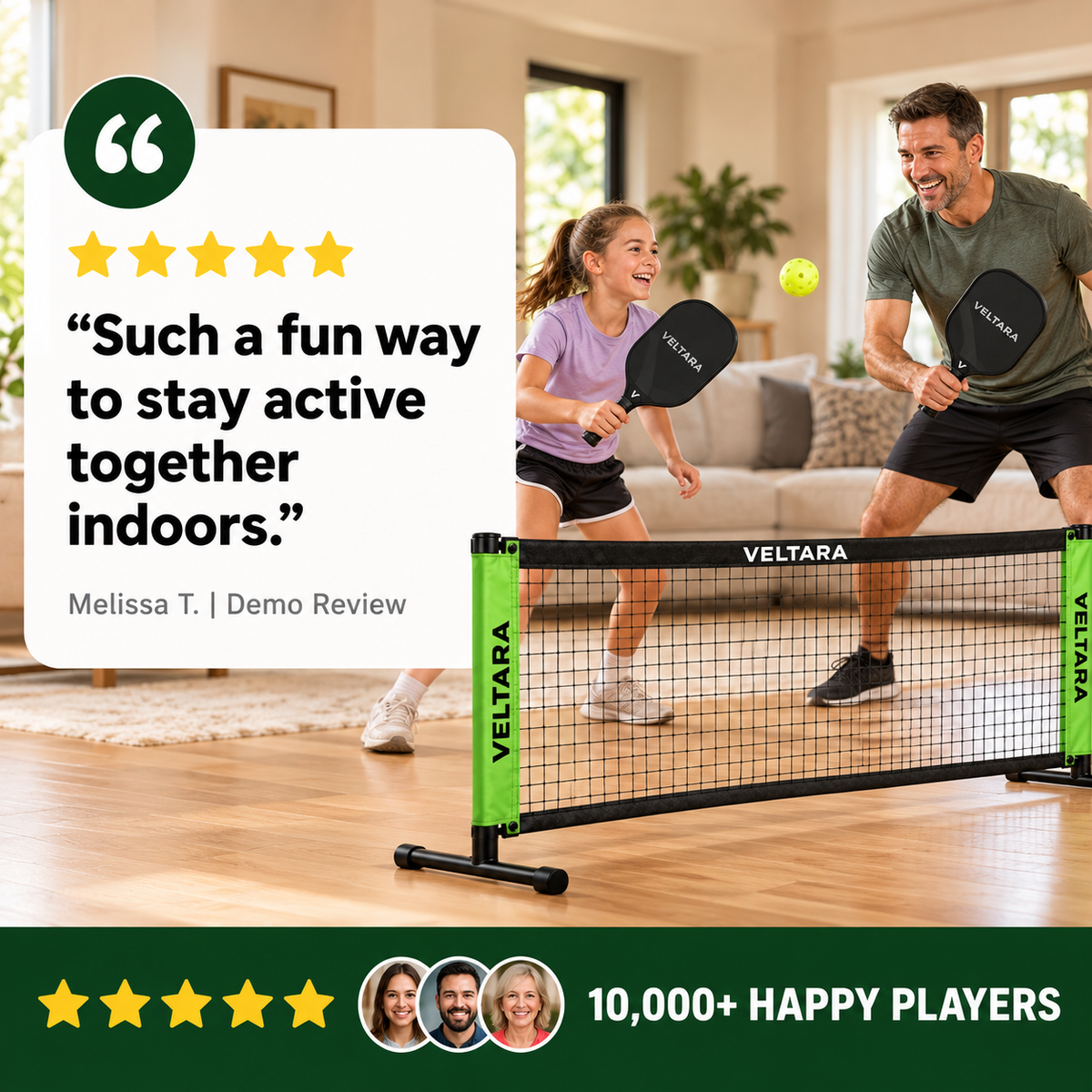 Veltara indoor mini pickleball set gallery image 5, illustrative demo graphic