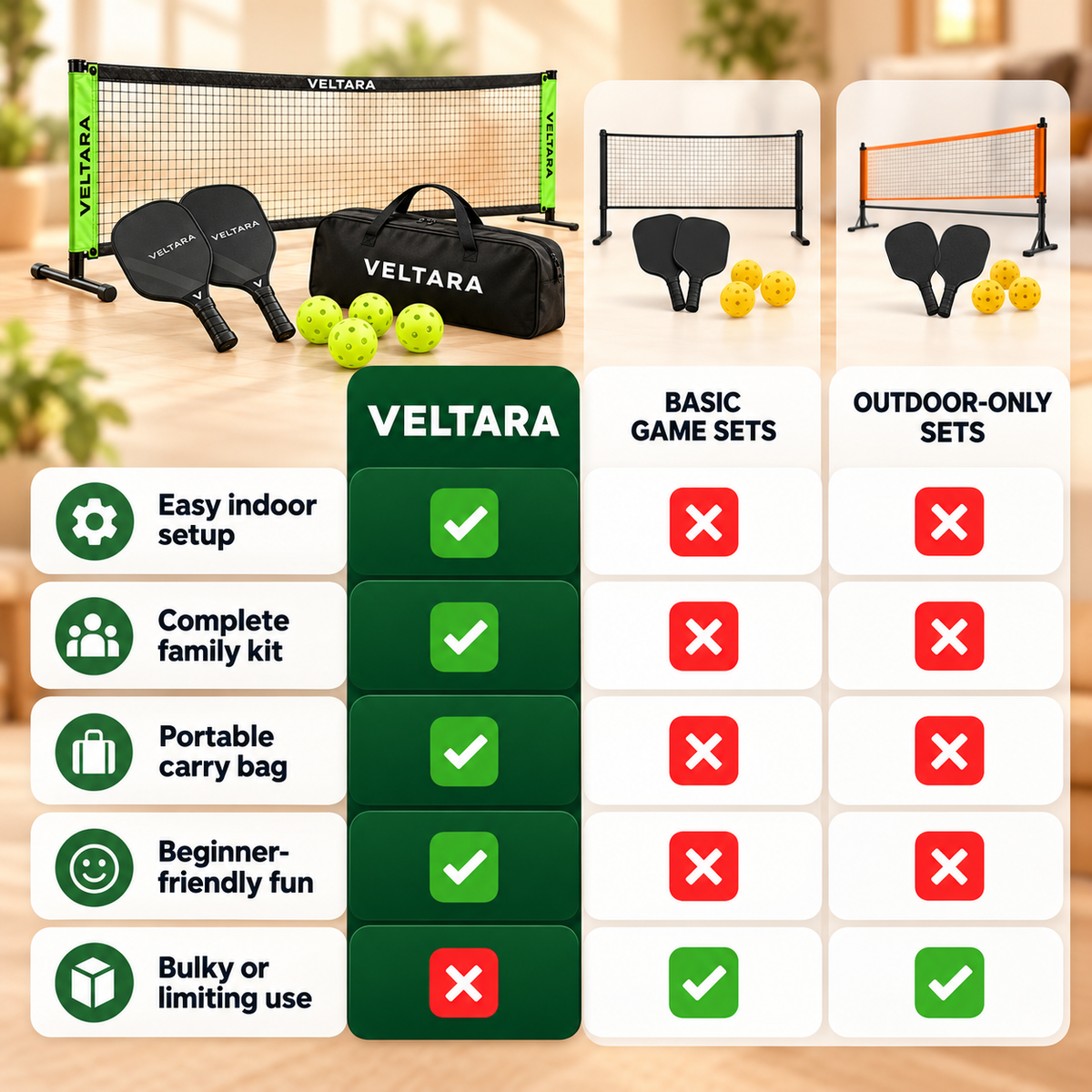 Veltara indoor mini pickleball set gallery image 6, illustrative demo graphic